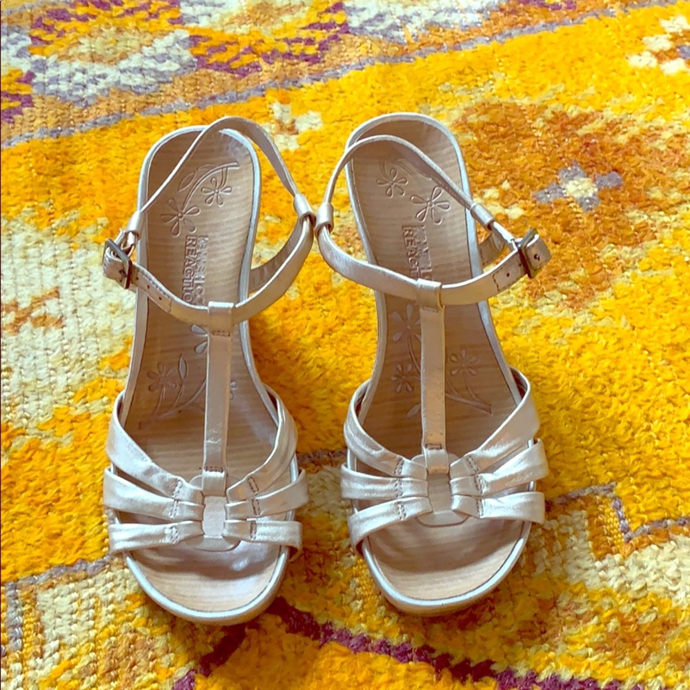 Soft gold metallic strappy wedge sandals